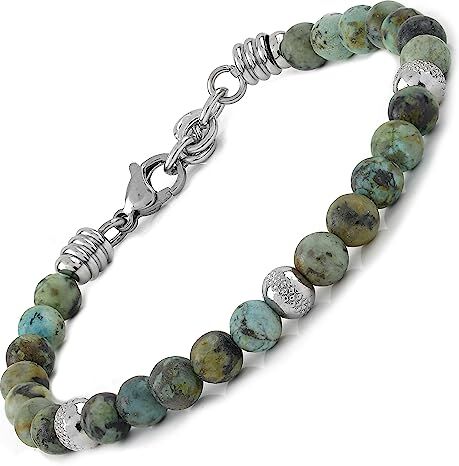 10:10 Bracciale con pietre naturali turchese africano a da 6 mm beads in acciaio inox, bracciale molto resistente prodotto in Italia…