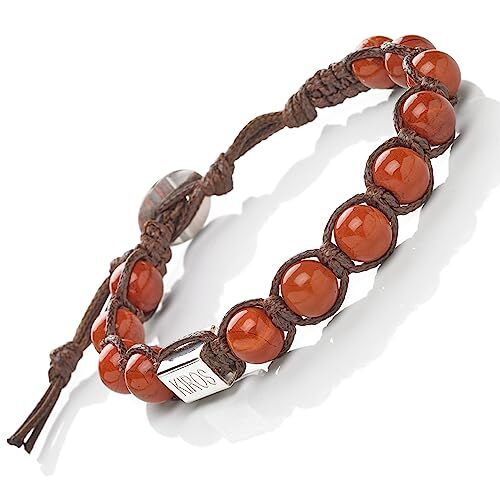 Generico KIROS Bracciale Tibetano Buddista Shamballa Tamashi Unisex Uomo Donna realizzato con Pietre Naturali 8 mm, Filo Cerato Marrone, Artigianale Fatto a Mano regolabile 3 Misure. (Diaspro Rosso)