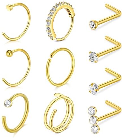 NIUSIMAN 10 pz Piercing Naso Anello Oro 20G L A Forma di Naso Studs Piccolo Doppio Anello Piercing Naso Acciaio Chirurgico Anelli Naso Piercing Gioielli per Le Donne Uomini Ragazzi Ragazze