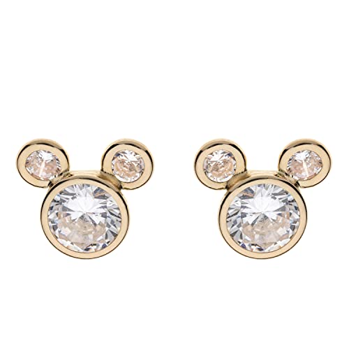 Disney Orecchini  in Oro Giallo 9 KT per Bambine con Mickey Mouse o Minnie, Impreziosito da Zirconia Mickey Bianco