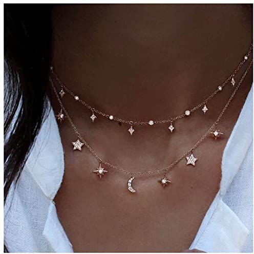 Inilbran Bohémien Stratificato Choker Collana D'oro Collana Stella Catena Mezzaluna Collana Strass Northstar Ciondolo Collana Catena Gioielli Per Donne E Ragazze