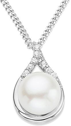 MIORE Collana Donna Argento, Catena con Ciondolo di Perla Coltivata d'Acqua Dolce e Zirconi in Argento 925. Catenina Grumetta Lunga Cm 45. Pendente Donna anallergico.