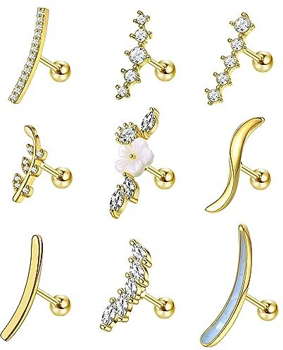 ADRAMATA 9 Pezzi Piercing Helix 16G Acciaio Chirurgico Orecchini Cartilagine Stud Serpente Fiore Opale CZ Tragus Orecchini per Donne Cartilagine Piercing Oro Argento Helix Piercing Orecchio Gioielli,G