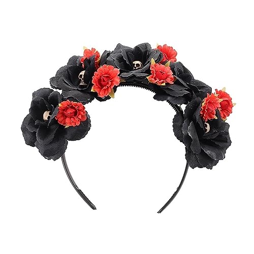 YEAMKE Grandi fiori neri, piccoli fiori rossi, cerchi di capelli del teschio, ornamento per capelli di Natale di Halloween