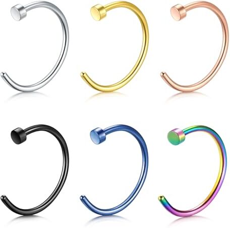 WillTen 6PCS Piercing Naso Acciaio Chirurgico, 16G 6mm Piercing Naso Anello Forma di C, Gioiello del Piercing Nostril per Donne e Ragazze