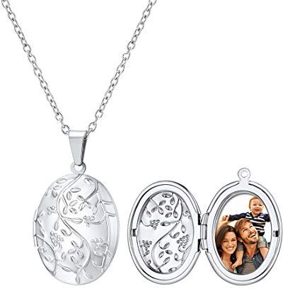 U7 Argento Collana Pendente Donna Medaglione Ovale Fiore PortaFoto, Placcato Platino, Catena Regolabile, Gioiello alla Moda, Regalo Personalizzato