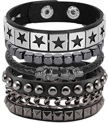 JJDreams Bracciale in pelle Uomo Set Bracciale Punk Bracciale Largo Rocker Bracciale Nero Incisione Bangles Gotico