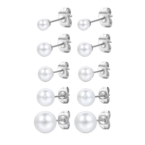 PlandleLee Orecchini di Perle da Donna 5 Paia, Orecchini Perline Argento 925, Orecchini di Perle Sfera Rotonda, Ipoallergenici Orecchio Gioielli,Taglie Miste 4mm/5mm /6mm / 7mm / 8mm