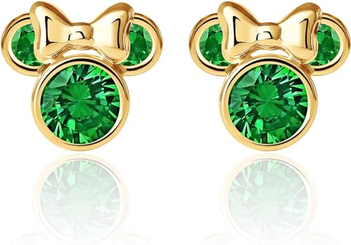 Disney Orecchini  in Oro Giallo 9 KT per Bambine con Minnie, Impreziosito da Zirconia Verde Scuro