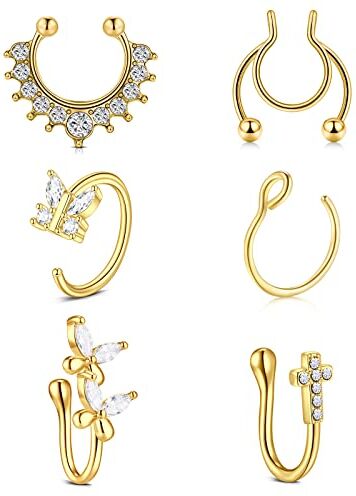 AceFun Piercing Finto Setto Anelli Orecchio Labbro Piercing Naso Finto Farfalla Croce Zircone Cubico Naso Finto Anelli Naso Finto Cerchio per Uomo Donna 16G 1.2MM 18G 1.0MM 8MM 14MM Oro Regolabile