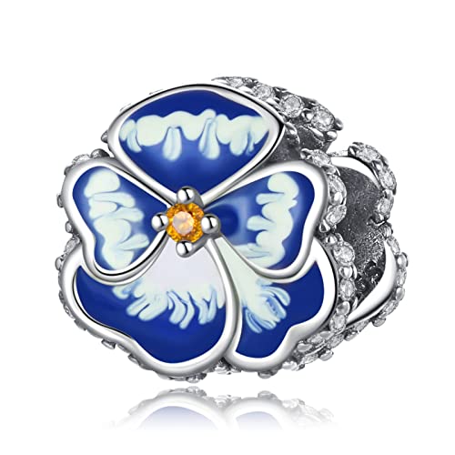 H.ZHENYUE Blue Pansy Flower Charms per Braccialetti con Ciondoli da Donna,Regalo di Gioielli di Natale di Compleanno di Halloween per la Festa Della Mamma in Argento Sterling 925 per Ragazze