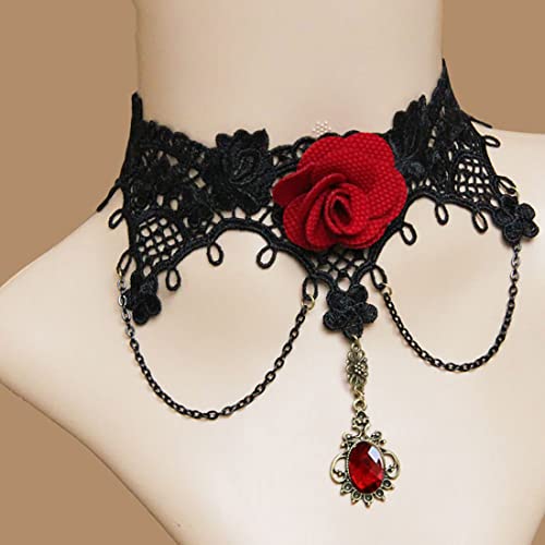 Prosy Gothic Black Lace Choker Collana Oro Rosso Rosa Fiore Gemme Collare Collare Collare Regolabile per Donne e Ragazze (B)