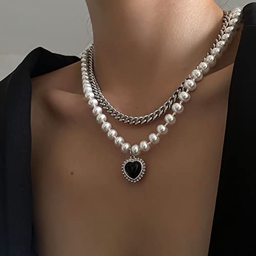 Wendalern Collana girocollo di perle a strati Collana con ciondolo a cuore in cristallo nero Catena di perle finte Collana a cuore d'amore Collare di perle d'argento Gioielli girocollo per donna