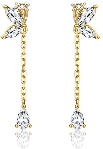 JeweBella Piccoli Farfalla Orecchini in Argento Sterling 925 per Donna Ragazze Zircone Orecchini Pendenti con Catena Ipoallergenici Mini Orecchini Argento/Oro/Oro Rosa