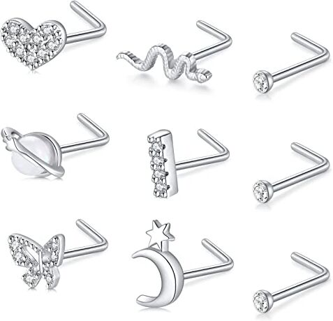 Mayhoop 20G Piercing Naso Acciaio Chirurgico a Forma di L con Cuore Fiore Farfalla Serpente Opale CZ Piercing Naso 9 Pezzi per Donna Uomo Argento