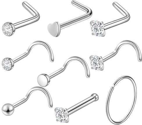 BZKSER piercing naso 9 pcs di tappi per piercing al naso, anello al naso,bottone a spirale in acciaio chirurgico, anello a cerchio per il naso per donne e uomini, gioielli per piercing al naso