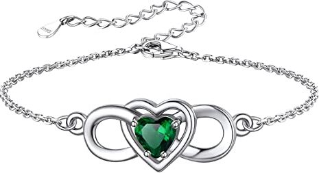 Silvora Bracciale da Donna con Pietra Portafortuna Maggio Smeraldo in Argento Sterling 925 Cuore Infinito Attraverso Bracciale Regolabile 12 Mesi Colorati Regalo Creativo Significativo