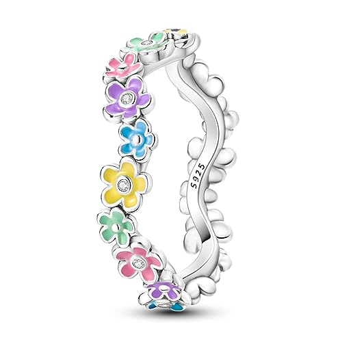 NARMO 925 Anelli in Argento Sterling per le Donne Colorato Daisy Fiore Anello per Ragazze Dimensione 17