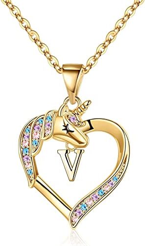 TINGN Regali Unicorno per Ragazze Collana Cuore, Ciondolo Cuore Placcato Oro 14K Collana Unicorno Collana Lettera Regali Unicorno Oro Iniziale V Collane Unicorno per Gioielli Ragazze