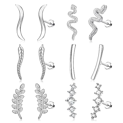 ADRAMATA 6 Paia 16G Piercing Helix Acciaio Inossidabile Orecchini Cartilagine Scalatori Orecchini a Bottone per Donna Opale CZ Orecchini con Schienale Piatto Conch Cartilagine Piercing Gioielli,S