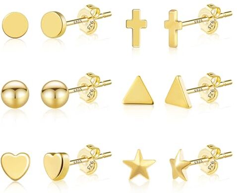 Ash 6 Paia Orecchini Argento Sterling Sterlina 925, Orecchini Piccoli per Donna, Set di Orecchini a Perno, Orecchini Donna di Piccola Cartilagine Carino Cuore/Stella/triangolo Earrings, Oro