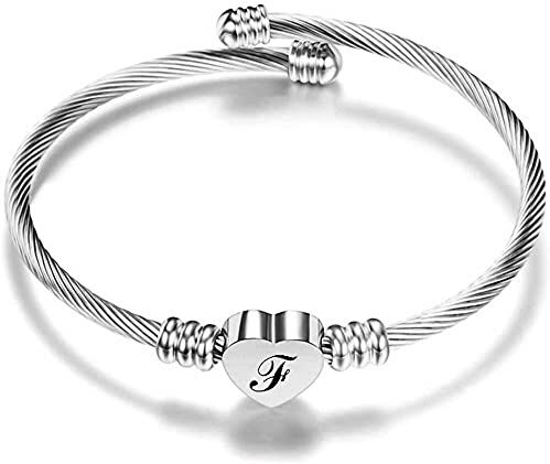 AURSTORE Bracciale a cavo da 20 cm, in acciaio inossidabile 316L, regolabile, personalizzabile con lettera A-Z, da donna, colore argentato (F)