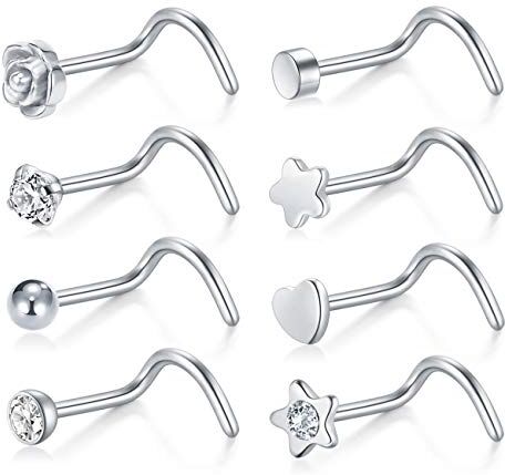 incaton 0.8mm Piercing Naso Acciaio Chirurgico da 20g Piercing Naso Anelli con Viti a Forma di Anello da Naso, 8 Stili, Argento