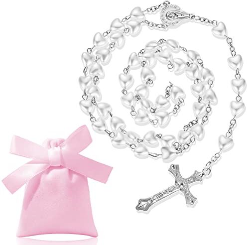 Otuuz Collana Rosario Perline Cattoliche Collana di Religiose con Ciondolo Croce Preghiera Collana Amen con Medaglia Crocefisso in Metallo Argento e Borsa in Velluto con Coulisse per Donna Uomo