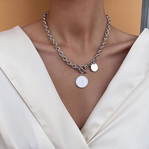 TseenYi Punk Chunky Toggle Collana Argento Disco Ciondolo T Chiusura Collana Cerchio Opale Ciondolo Gioielli Per Le Donne E Le Ragazze Regali