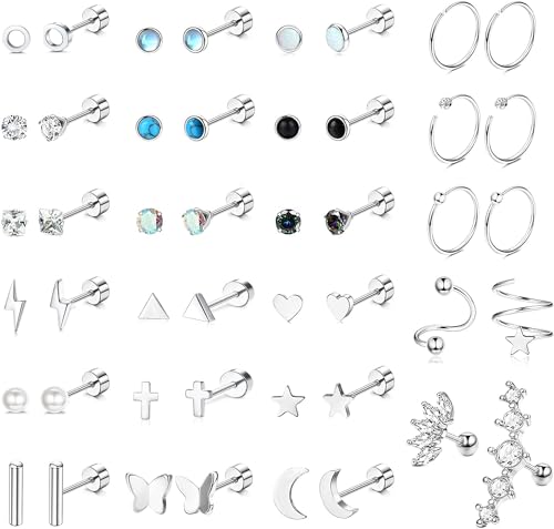 JeweBella 23Paia Piccoli Orecchini Donna Acciaio Chirurgico Helix Flatback Orecchini Zirconia Stella Luna Ipoallergenico Orecchini a Cerchio Piercing Orecchino Set per Donna Uomo