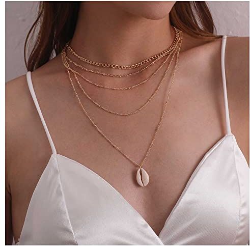 Dervivea Bohemia Stratificato Catena Girocollo Collana Conchiglia Ciondolo Girocollo D'oro Vintage Cowrie Shell Collana Multistrato Satellite Collana Catena Gioielli Per Le Donne E La Ragazza