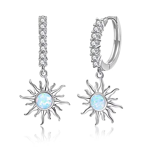 Qings Sun Huggie Orecchini a Cerchio in Argento Sterling 925 Sole Ipoallergenico Orecchini a Cerchio con Zircone Cubico Opale Sole Gioielli Regalo per Donne Ragazze Compleanno