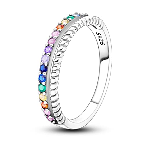 NARMO 925 Anello Argento Sterling Colorato Arcobaleno Cubic Zirconia Anelli Anello Sottile per le Donne Ragazze Dimensione 17