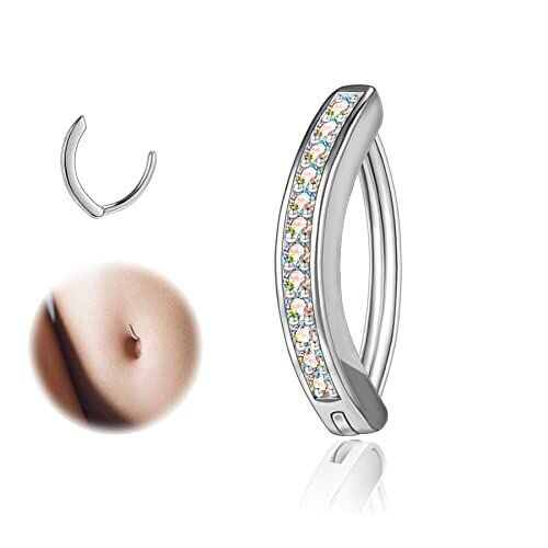 ZS Piercing da ombelico da donna, 14 g, con diamanti, in argento 925, ricurvato, per ombelico, Argento sterling Argento