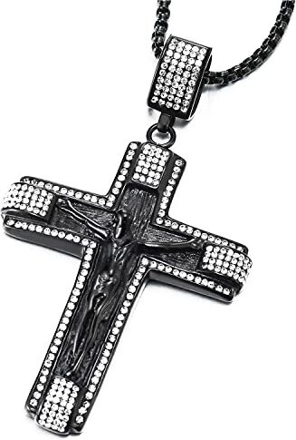 COOLSTEELANDBEYOND Grande Nero Collana con Pendente Gesù Cristo Crocifisso Croce con Zirconi, Uomo Donna Ciondolo Croce, Acciaio