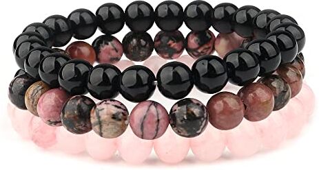 ADRAMATA 3 Pezzi 8mm Bracciale Pietre Naturali Donna Uomo Braccialetto Elastico con Pietre Quarzo Rosa/Rodonite/Ossidiana Nera Naturale Braccialetto Perline Donna