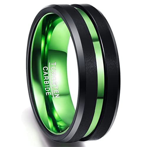 NUNCAD Anello da uomo in tungsteno grande nero + verde, 8mm ampio anello unisex con design confortevole, superficie levigata con scanalatura verde, taglia 75 (35)
