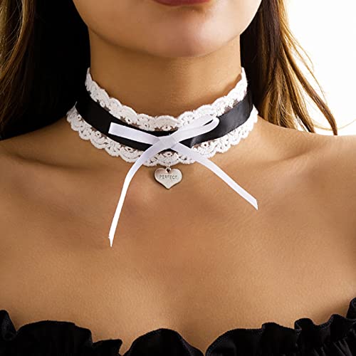 Atentuyi Nero E Bianco Pizzo Collana Choker Amore Cuore Ciondolo Papillon Choker Vintage Gothic Tatuaggio Choker Maglia Collare Catena Collana Gioielli Per Donne E Ragazze