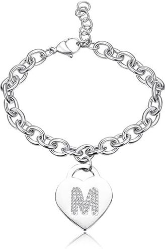 SiLo Bijoux Bracciale con lettera iniziale donna con STRASS in acciaio con lettera NOME charm cuore e cristalli argento alfabeto misura regolabile, nascita, anniversario,idea CONFEZIONE REGALO INCLUSA (M)