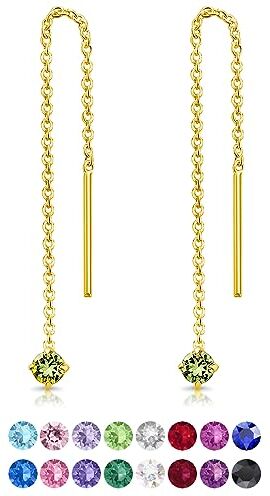 DTPsilver ® Orecchini Verdi Pendenti Orecchini Pendenti Donna con Catenina in Argento 925 Placcato Oro Giallo e Cristalli Swarovski Verdi Orecchini Lunghi Oro Giallo Orecchino Punto Luce Peridoto