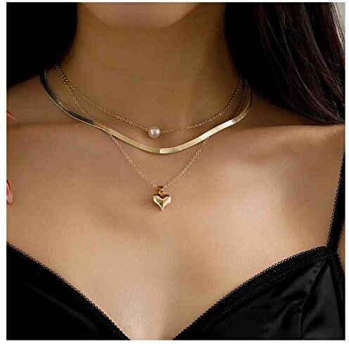 Cimenexe Vintage Stratificato Cuore Ciondolo Collana Catena Serpente Osso Collana D'oro Perla Girocollo Collana Catena Serpente Collana Pesce Collana Girocollo Gioielli Per Donne E Ragazze Regali