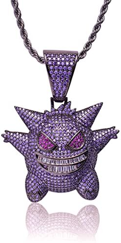 Sping Jewelry Collana con ciondolo hip hop in zirconia cubica viola per i fan di Pokemon, collezione classica, Metallo Gemma