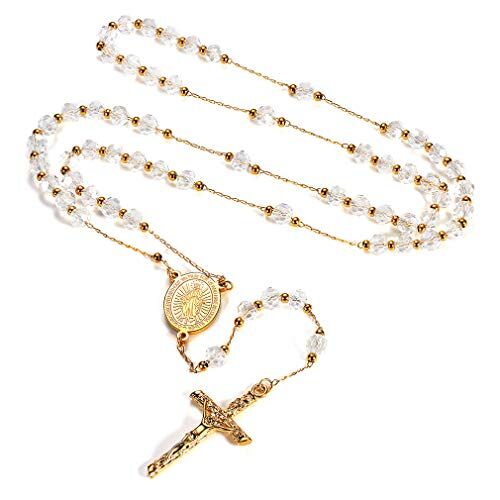 FaithHeart Rosario con perline, rito cattolico, per donna e uomo, collana extra lunga e Acciaio inossidabile, colore: Crystal Beads-white, cod. TN12044K-60-E
