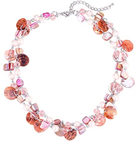 FULU AUTUMN Donne Collana di Conchiglie in Argento a Strati Collane Bohémien Corte Collana Girocollo con Perline Turchesi Regali Compleanno(Pink)