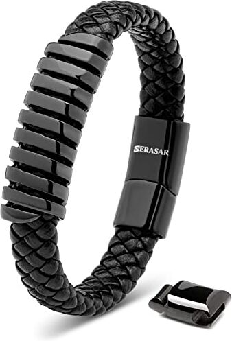 SERASAR Regalo per Uomo Bracciale Nero 17cm Braccialetto Pelle Cuoio Aggiustabile Regolabile Magnetico Bracciali Braccialetti Perline Bigiotteria Cinturino Braciale Bambino Men Bracelet Braciale Nere