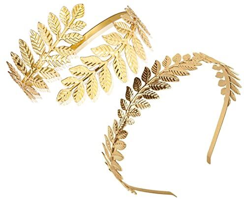 WLONLINE 2 pezzi Bracciale in foglia di alloro romano greca braccialetto foglia di alloro oro corona Tiara costume dea greca fascia pettine nuziale copricapo nuziale accessori per capelli (orato)