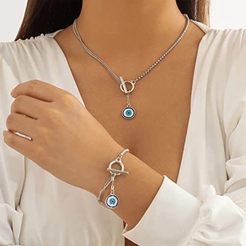 Wendalern Gotico Malocchio Collana Bracciale Set per Donna Delicato Occhio Azzurro Collana con Toggle Fibbia Malocchio Bracciale SilverBox Catena Demone Occhio Set di Gioielli Costume di Halloween