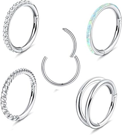 Diamday Dimaday 5 Pezzi Acciaio Chirurgico Piercing Naso 18G 16G Opale CZ Clicker Incernierato Segmento Setto Argento Naso Acciaio Anelli Labbro Helix Cartilagine Orecchini Doppio Cerchio