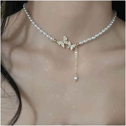 Dervivea Boho Perla Y Lariat Collana Oro Perla Girocollo Collana Di Cristallo Farfalla Catena Perla Y Goccia Catena Gioielli Per Le Donne E Le Ragazze