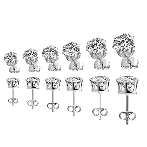 Clyhon 6 Paia Di Orecchini a Bottone In Acciaio Inossidabile 18G 20G Rotondi Con Zirconi Cubici Set Di Orecchini a Bilanciere Per Uomo Donna 3Mm-8Mm Tono Argento